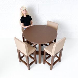 Miniature Barbie Bistro Brown Table 4  Chairs 3D Printed Dollhouse Furniture